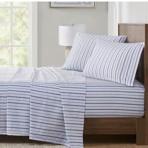 New Madison Park Essentials 100% Cotton Sheets, Queen Blue Stripes 4 Piece